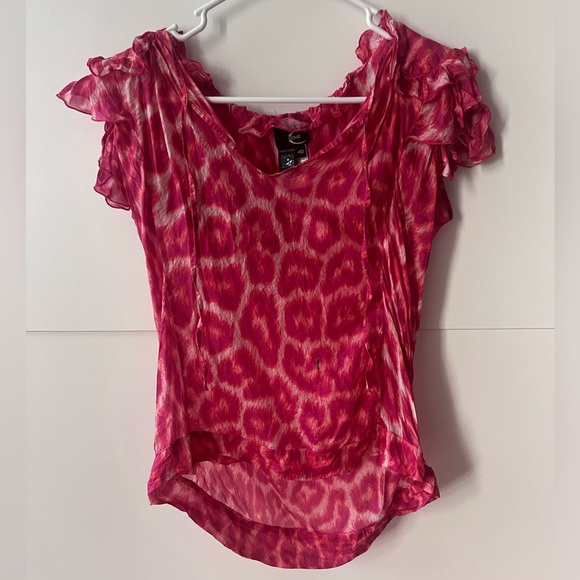 COPY - Just Cavalli leopard pink top with vneck tie and ruffles - Picture 1 of 5